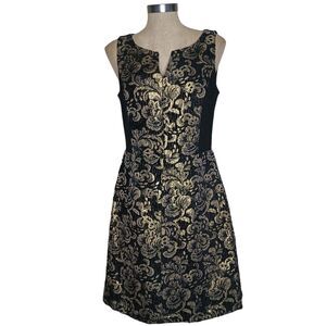 Joseph Ribkoff Dress Women's Sz 10 Black Gold Geometric Full Skirt Sleeveless